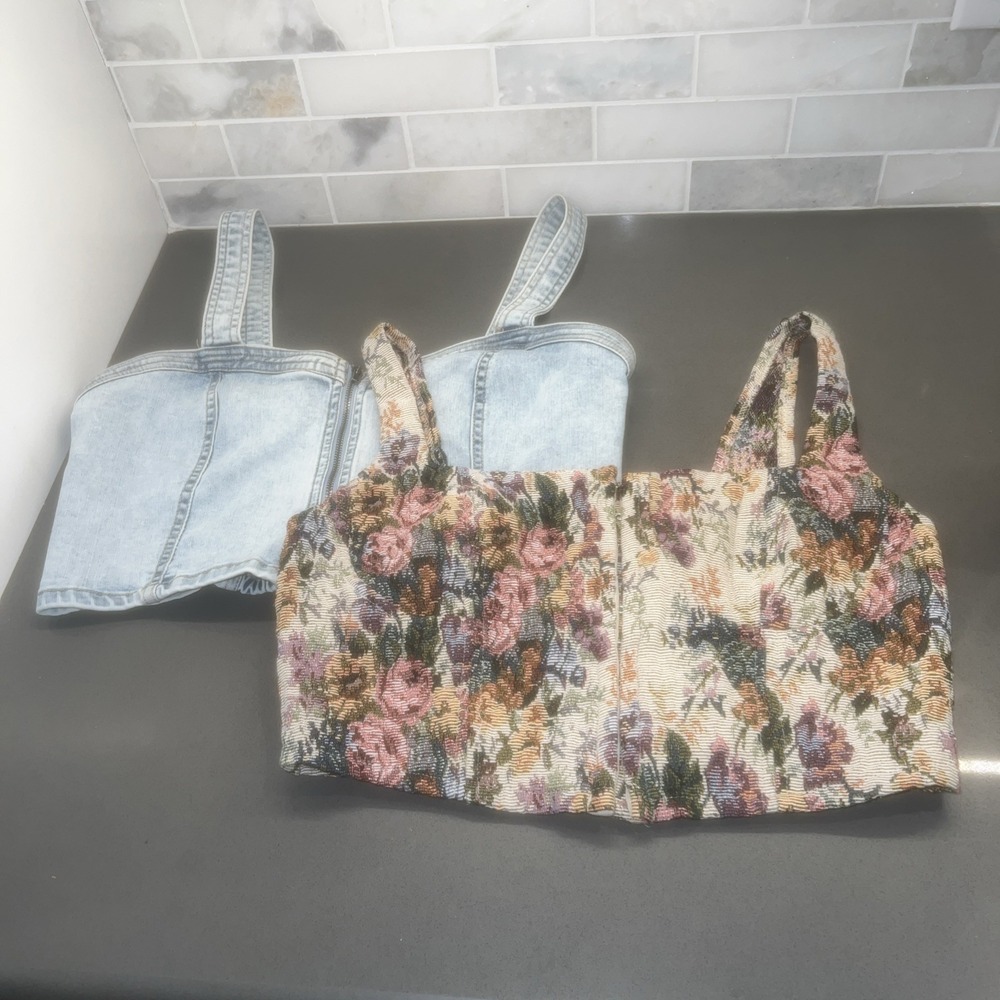 2-Wild Fable Corset Tops~M~Floral TapestryHook & Eye & Denim Zipper Closure